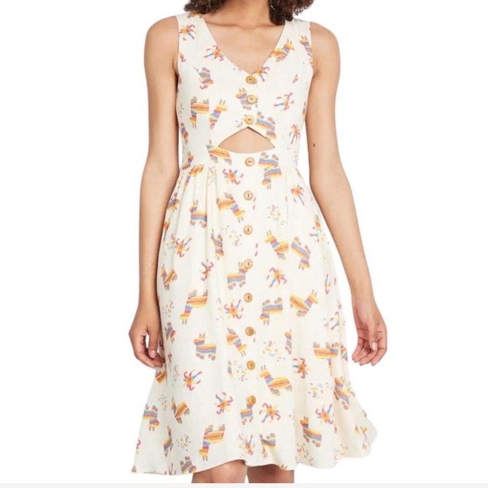ModCloth Pinata Print Dress 2X Cream Linen Blend Cutout V-Neck Midi Sleeveless